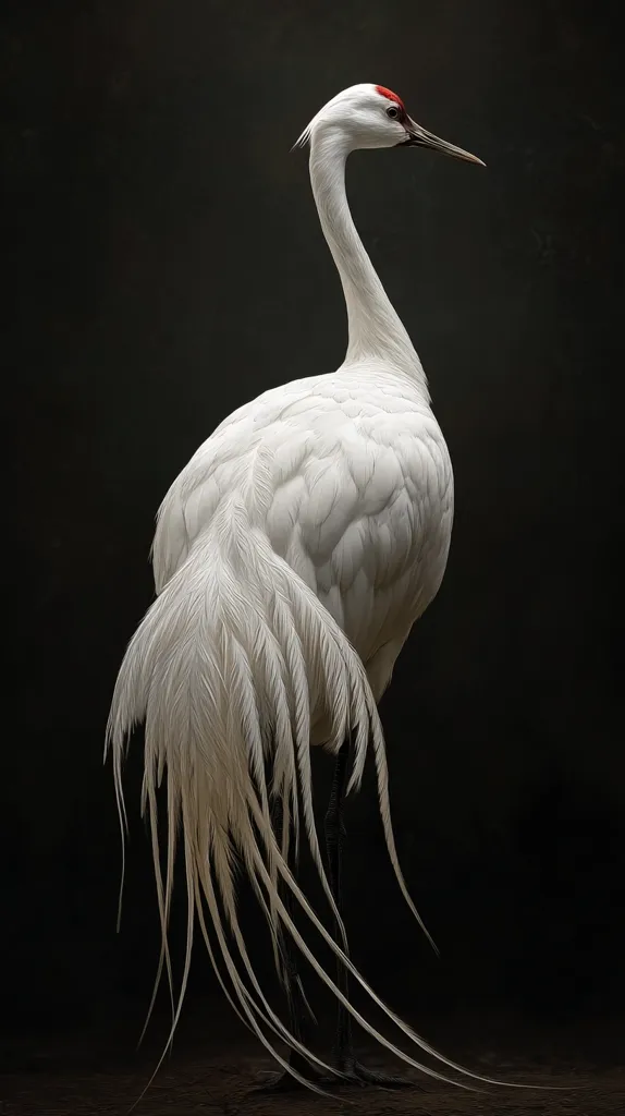 A striking portrait of a whooping crane, its pristine white plumage contrasting sharply against a dark background.  The long, elegant neck curves gracefully, and its long tail feathers cascade downwards, creating a dramatic visual effect.  A small patch of red is visible on its head. The image emphasizes the bird's beauty and majestic presence.