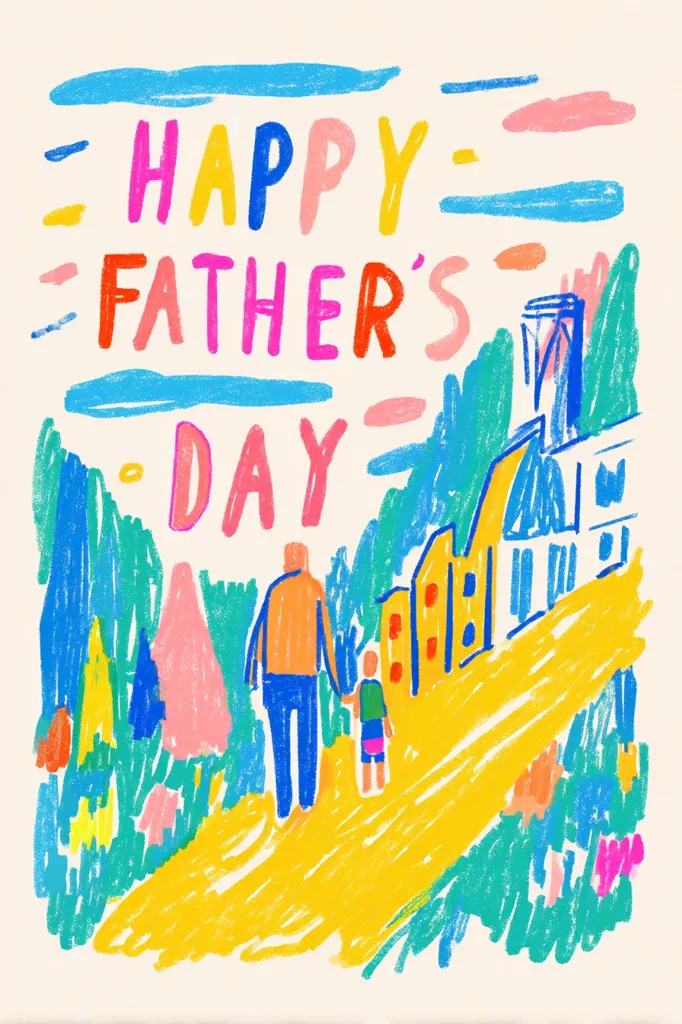 A colorful, child-like drawing celebrates Father's Day.  The words "Happy Father's Day" are prominently displayed in bright, varied colors.  A father and child are depicted walking hand-in-hand down a yellow path, past whimsical buildings and trees rendered in crayon-like strokes. The overall style is playful and vibrant.