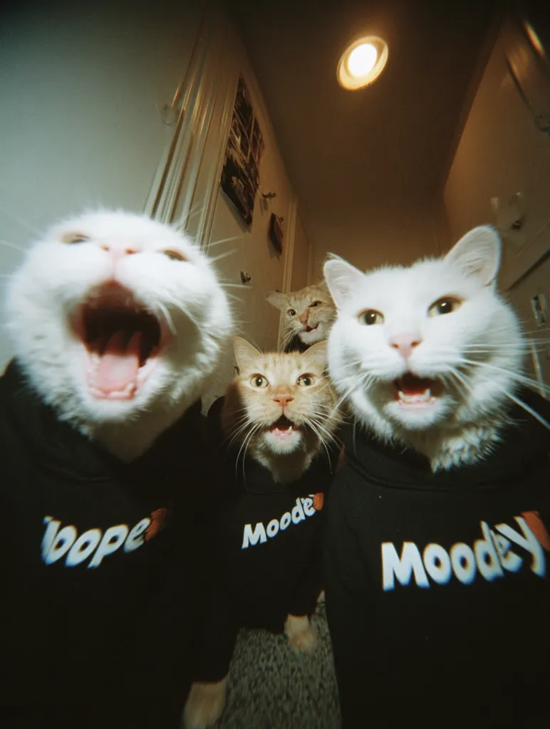 Three cats, wearing black hoodies with different text, are shown from a low angle.  Two white cats, one with its mouth open, are in the foreground, while an orange tabby cat is slightly behind and between them. The image has a fisheye lens effect, distorting the perspective.  The cats appear to be indoors, in a hallway. The hoodies read "Bope," "Moode," and "Moodey."