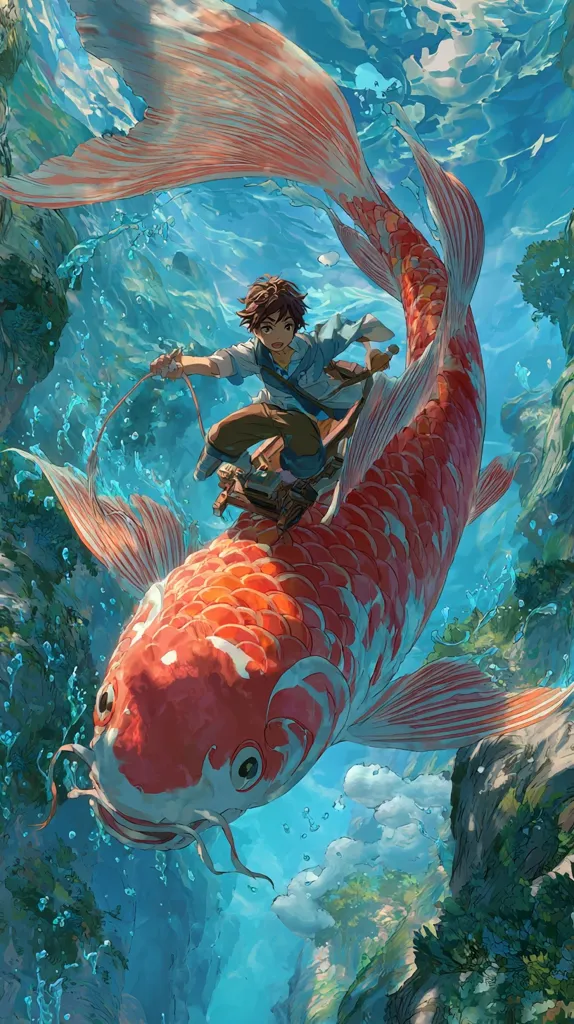 An anime-style illustration depicts a young boy riding a giant koi fish through vibrant turquoise water.  The koi is predominantly orange and white, its scales gleaming. The boy, with brown hair and a light-colored shirt, grips the fish's back, appearing calm and adventurous. The underwater scene is lush with green vegetation and rocky formations, suggesting a magical, fantastical setting. Bubbles surround them, adding to the underwater ambiance.