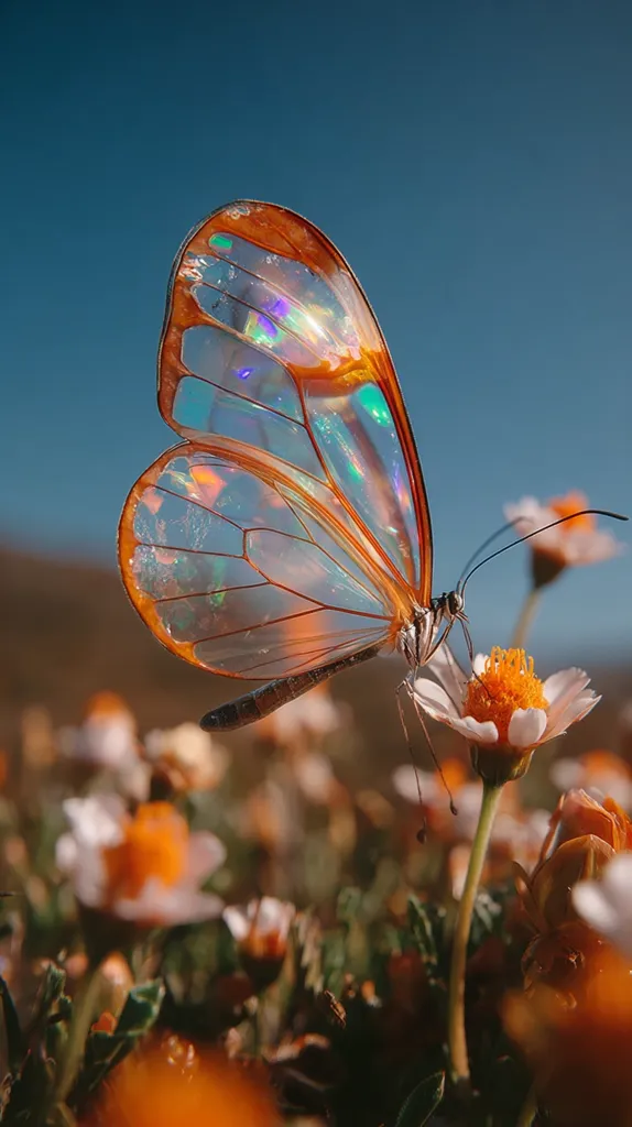 A glasswing butterfly, with its translucent, iridescent wings, delicately rests on a vibrant orange and white flower.  The butterfly's wings shimmer with rainbow hues against the clear blue sky.  It's surrounded by a field of similar blossoms, creating a breathtaking natural scene. The image conveys a sense of ethereal beauty and fragility.