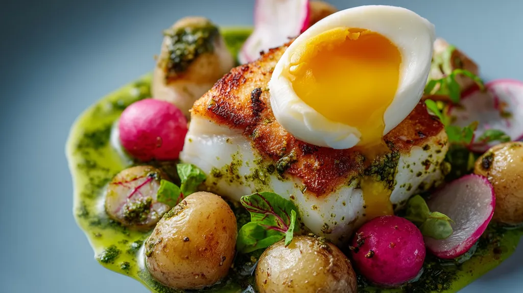 A close-up shot showcases a gourmet dish featuring pan-seared cod, topped with a soft-boiled egg.  The cod rests on a bed of small roasted potatoes and vibrant red radishes, all drizzled with a vibrant green herb sauce.  The yolk of the egg oozes onto the dish, adding richness and color. The overall presentation is elegant and visually appealing.