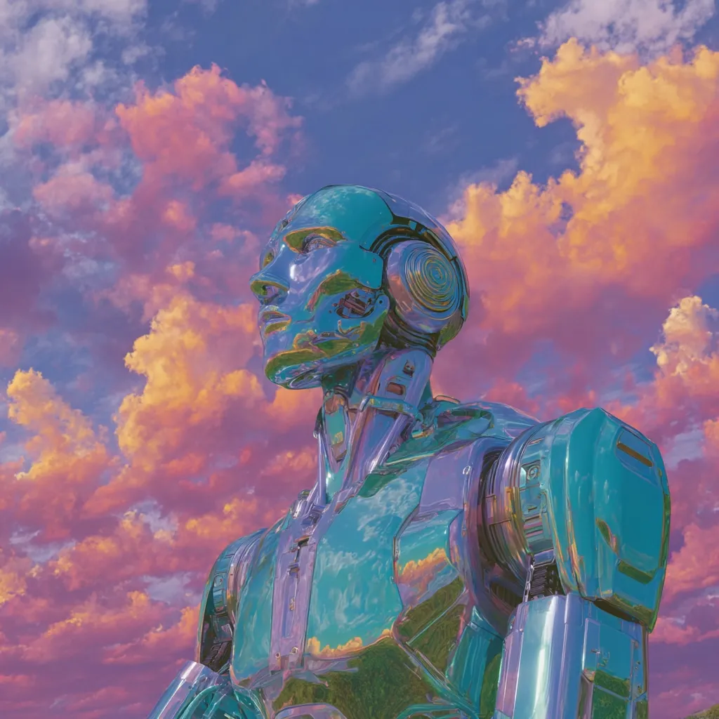 A chrome android, its head slightly tilted upward, stands against a vibrant, pastel sunset sky. The robot's metallic body reflects the colorful clouds, creating a surreal and dreamlike atmosphere.  Its smooth, reflective surface contrasts with visible mechanical joints and details.  The image evokes a sense of futuristic contemplation and the potential of advanced artificial intelligence.