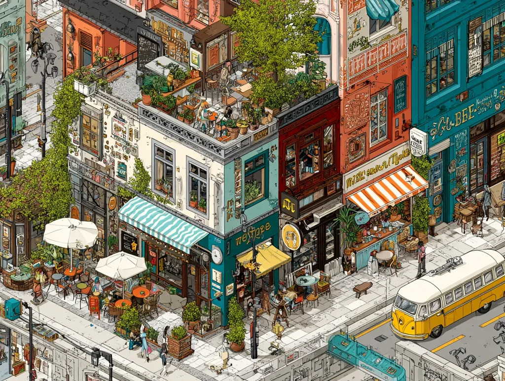 A vibrant isometric illustration depicts a bustling street scene.  Multi-storied buildings, adorned with rooftop gardens and awnings, house various shops and cafes.  People stroll along the sidewalk, enjoying outdoor seating at the numerous establishments. A yellow vintage van is parked on the street, adding to the charming atmosphere.  The detailed artwork showcases a lively, picturesque urban setting filled with rich colors and intricate details.
