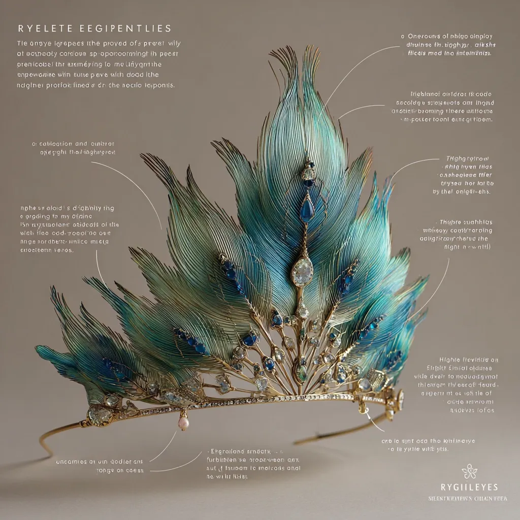 This image showcases a magnificent jeweled crown, meticulously crafted with peacock feather-inspired designs. The crown is adorned with numerous turquoise and diamond accents, set against a gold base.  Detailed descriptions, seemingly in code or another language, surround the image, hinting at the crown's intricate design and possibly its symbolic meaning.  The overall aesthetic is luxurious and evokes a sense of fantasy.