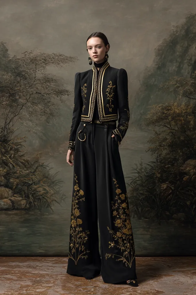 A model poses in a striking ensemble. She wears a black, cropped bolero jacket richly embroidered with gold thread, paired with wide-leg black trousers featuring delicate gold floral embroidery along the sides.  The high-necked jacket and elegant trousers create a sophisticated silhouette against a painterly backdrop. Gold earrings and subtle jewelry complete the look.