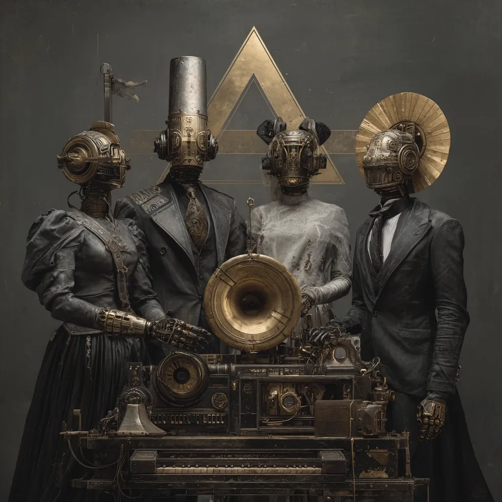A digital artwork depicts a family portrait of four steampunk-inspired robotic figures.  They are dressed in Victorian-era clothing, with intricate clockwork mechanisms visible.  The figures stand before a complex, brass-and-dark-metal musical instrument, possibly a gramophone or player piano.  A gold triangle hangs subtly in the background. The overall aesthetic is dark, elegant, and evocative of a dystopian future with a retro feel.