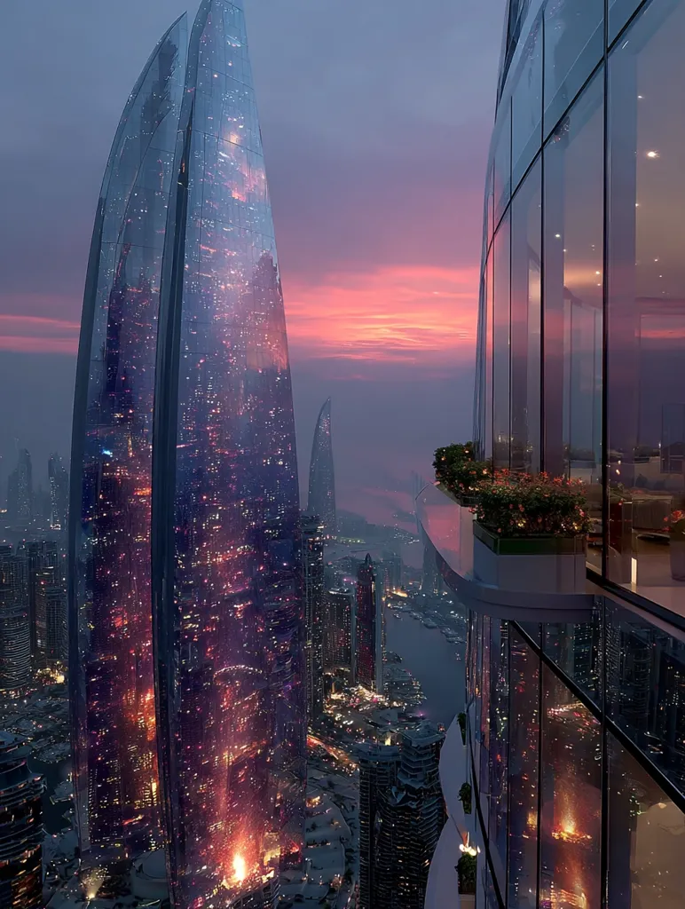 A breathtaking cityscape at sunset, dominated by two towering, slender skyscrapers with illuminated interiors.  Their glass facades reflect the vibrant hues of the twilight sky.  Smaller buildings surround them, creating a dense urban landscape that stretches towards a calm body of water. The scene is viewed from a high-rise building, offering a panoramic perspective of the futuristic city.
