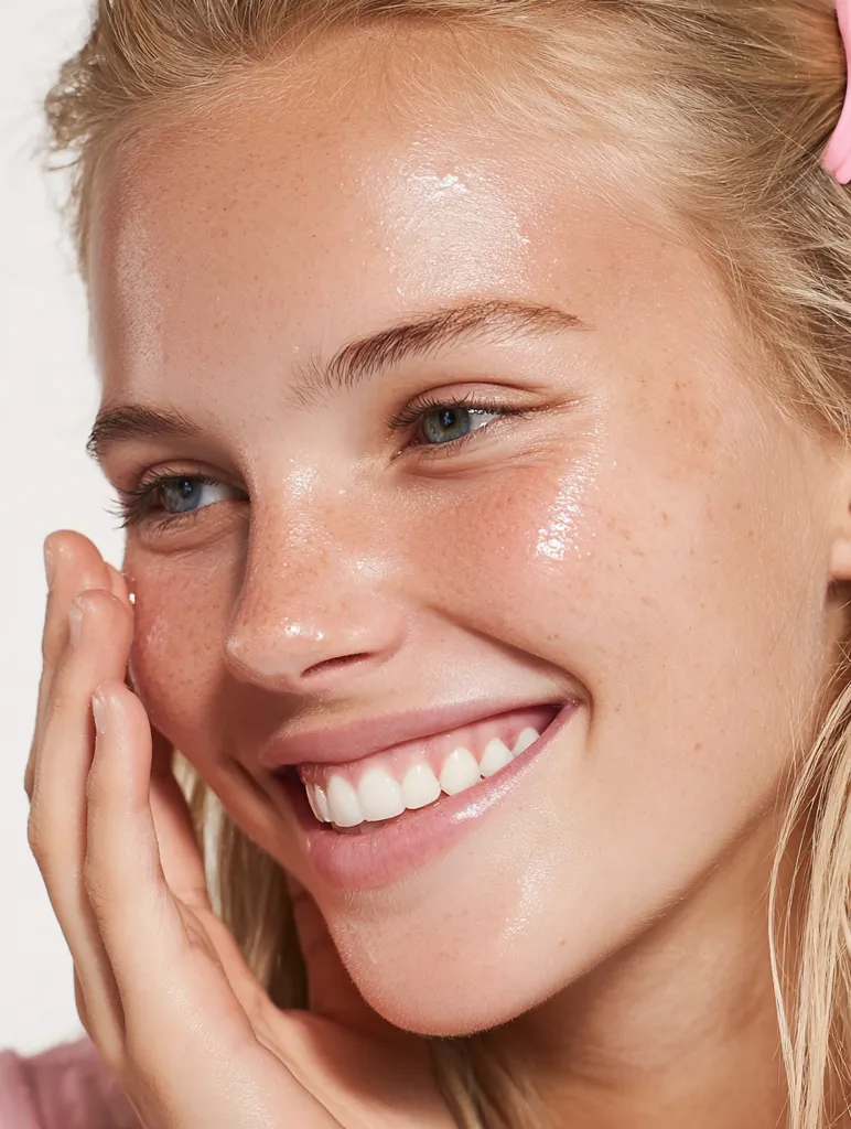 Close-up of a young woman with blonde hair. Her skin appears radiant and healthy with a subtle glow.  She's smiling broadly, revealing bright white teeth.  Her hand gently touches her cheek, emphasizing her smooth complexion. The overall impression is one of beauty and natural radiance.