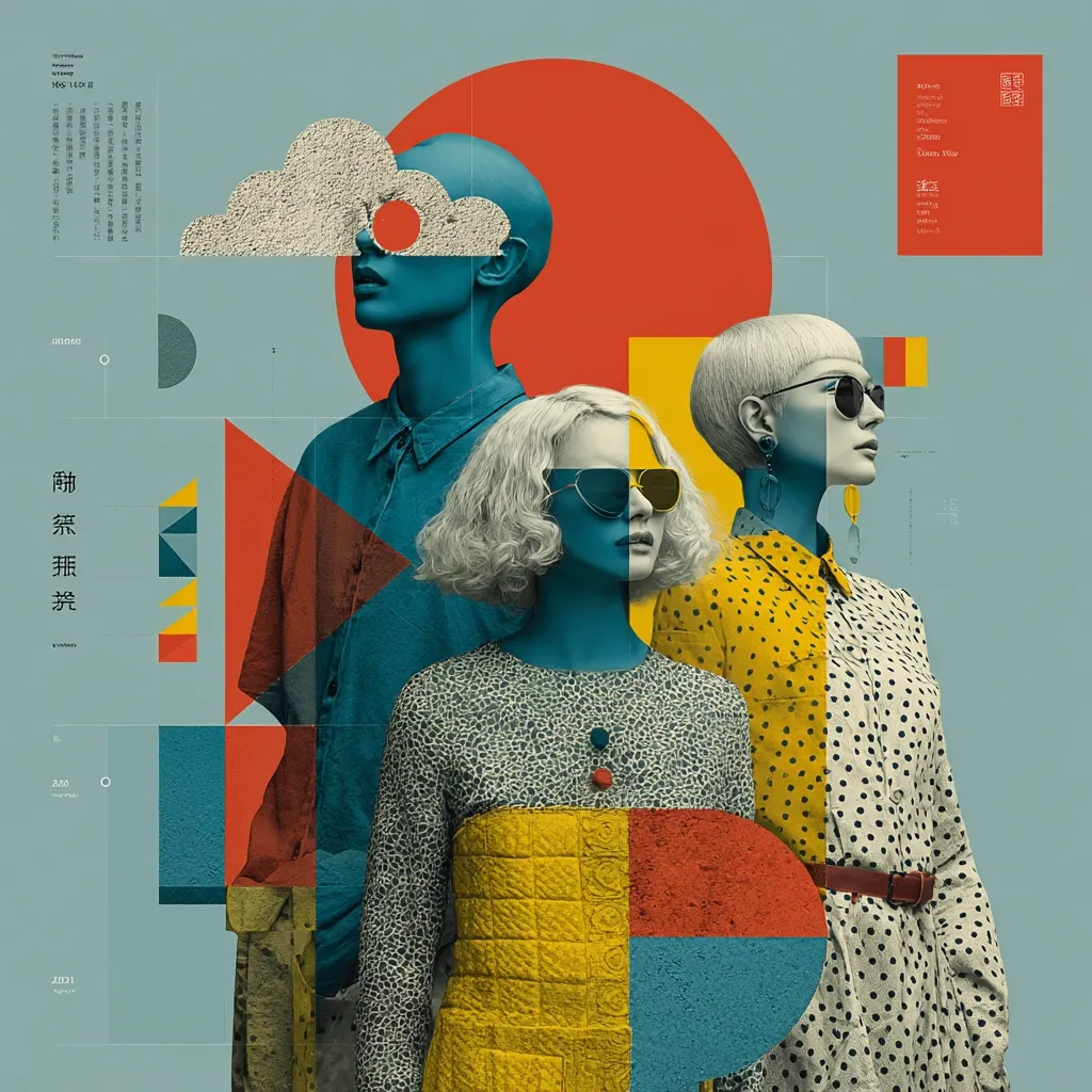 A vibrant, geometric collage features three stylized female figures in teal and yellow clothing.  Bold geometric shapes in red, orange, and yellow are overlaid on the figures, creating a visually striking contrast.  The figures wear sunglasses, and one is partially obscured by a textured cloud element. The overall style is reminiscent of mid-century modern design with a contemporary twist.