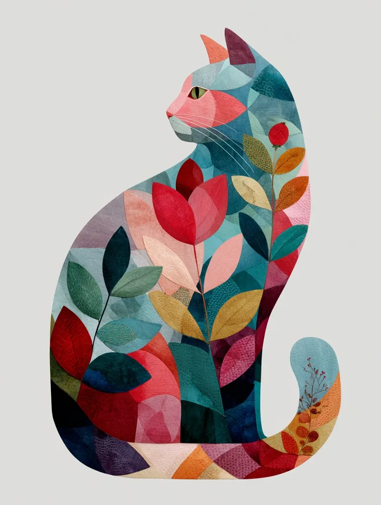 A stylized illustration of a cat, rendered in a vibrant patchwork of geometric shapes and floral motifs.  The artwork uses a rich palette of reds, blues, greens, and pinks, creating a textured and almost quilted effect. The cat's form is subtly suggested through the arrangement of colors and shapes, with the floral elements seamlessly integrated into its silhouette.  The overall style is modern and abstract, blending animal imagery with botanical design.