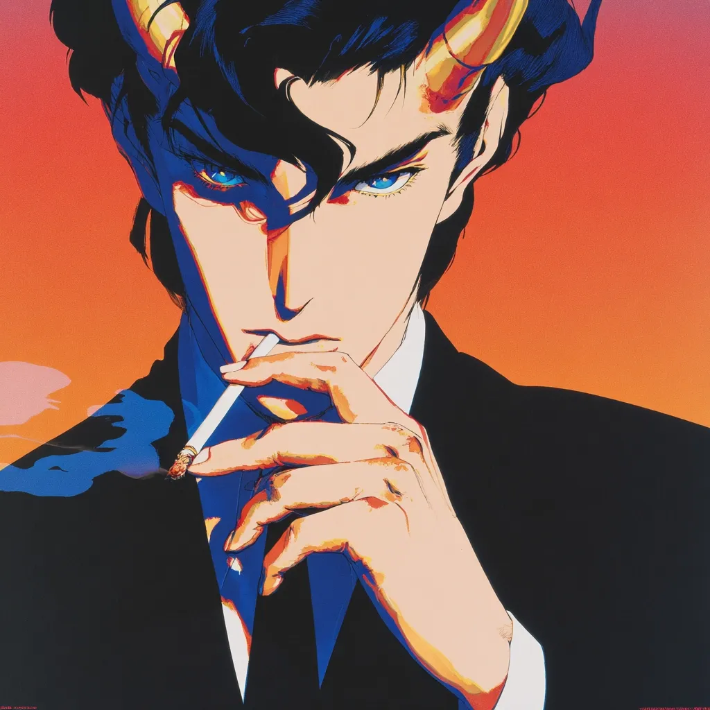A stylized anime portrait depicts a man with short, dark hair and small horns, suggestive of a devilish character. He's dressed in a dark suit and tie, his hand elegantly holding a cigarette between his lips.  His intense blue eyes and sharply defined features create a striking and mysterious image against a warm orange background. The art style is bold and graphic, emphasizing strong lines and vibrant colors.