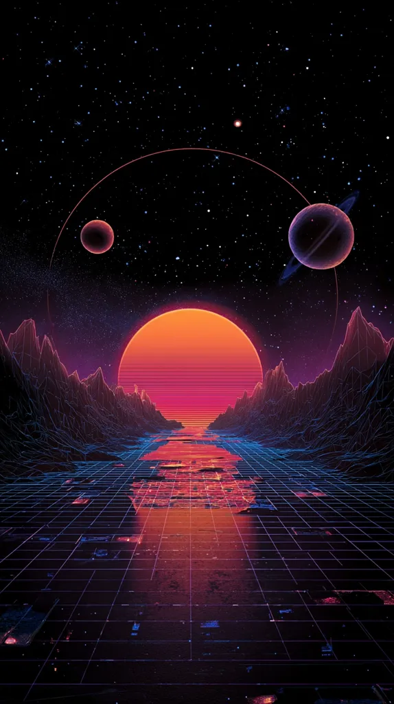A vibrant retro-futuristic landscape unfolds under a massive orange sun, reminiscent of a synthwave aesthetic.  Wireframe mountains flank a gridded waterway reflecting the sunset's glow.  Two planets, one ringed, orbit in the dark, starlit sky above. The scene blends futuristic technology with a classic science fiction feel, creating a captivating and nostalgic image.