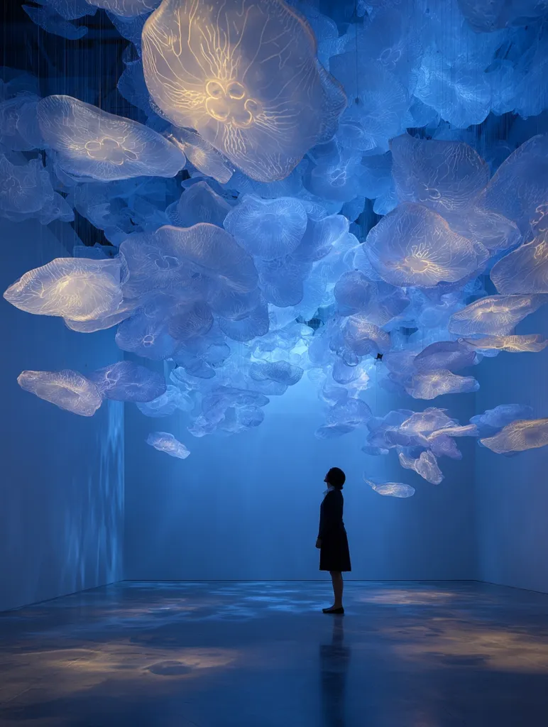 A woman stands silhouetted in a minimalist gallery space, gazing upwards at an ethereal installation.  Hundreds of translucent, jellyfish-like forms, illuminated from within, drift and hang from the ceiling, creating a mesmerizing, underwater-like atmosphere. The blue light casts shadows, enhancing the otherworldly effect of the art piece.