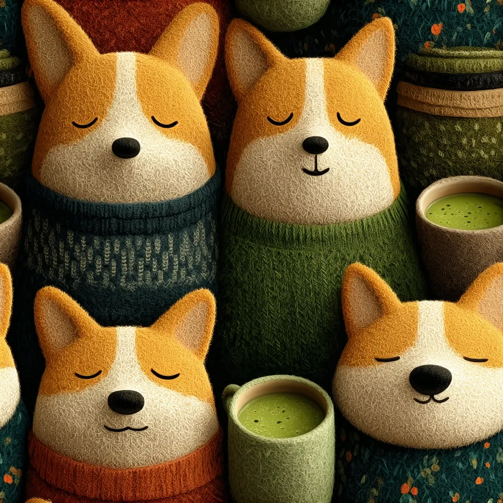 Cozy Corgi scene.  Several fluffy Corgis, wearing knitted sweaters in autumnal colors, are huddled together.  Between them are mugs filled with a vibrant green matcha latte. The overall mood is warm, comforting, and charmingly whimsical, suggesting a cozy autumnal setting.
