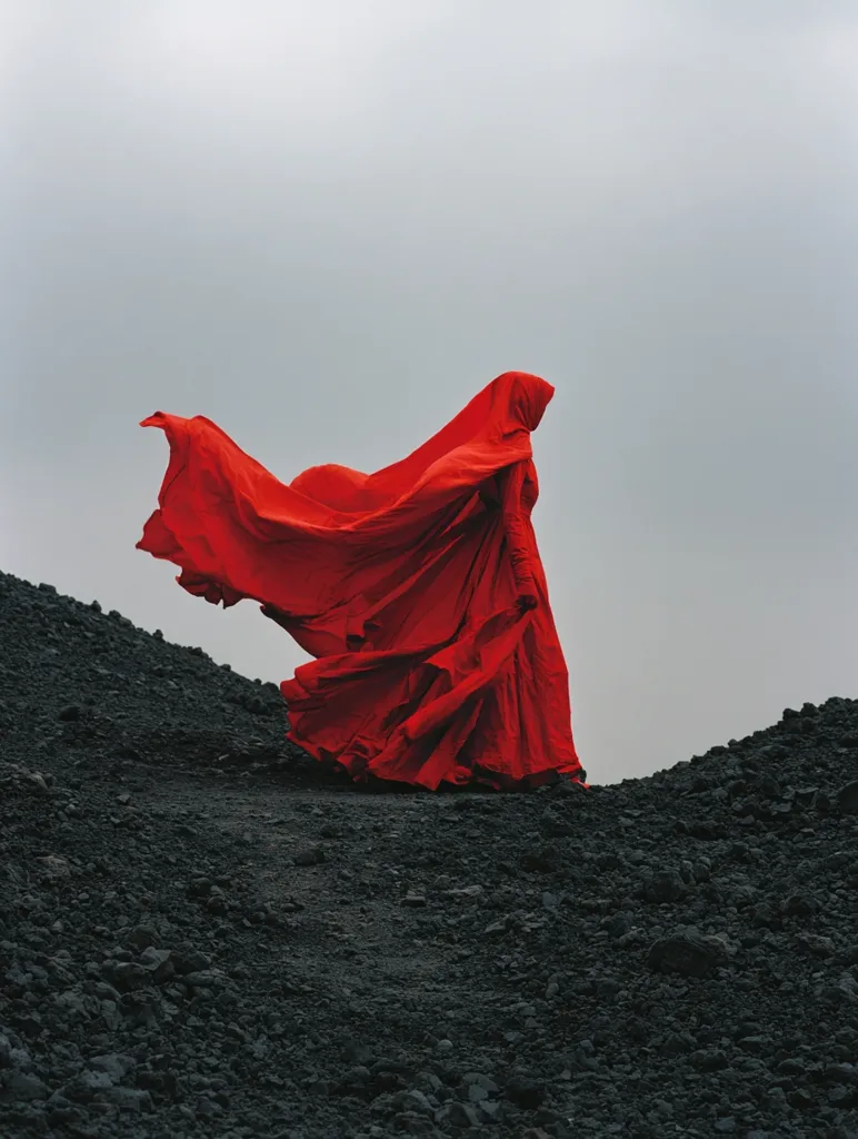 A figure cloaked in a vibrant red robe stands on a dark, volcanic landscape.  The fabric billows dramatically, suggesting a strong wind. The contrast between the intense red and the stark black creates a powerful visual image. The scene evokes a sense of mystery and drama, possibly hinting at themes of isolation or defiance.