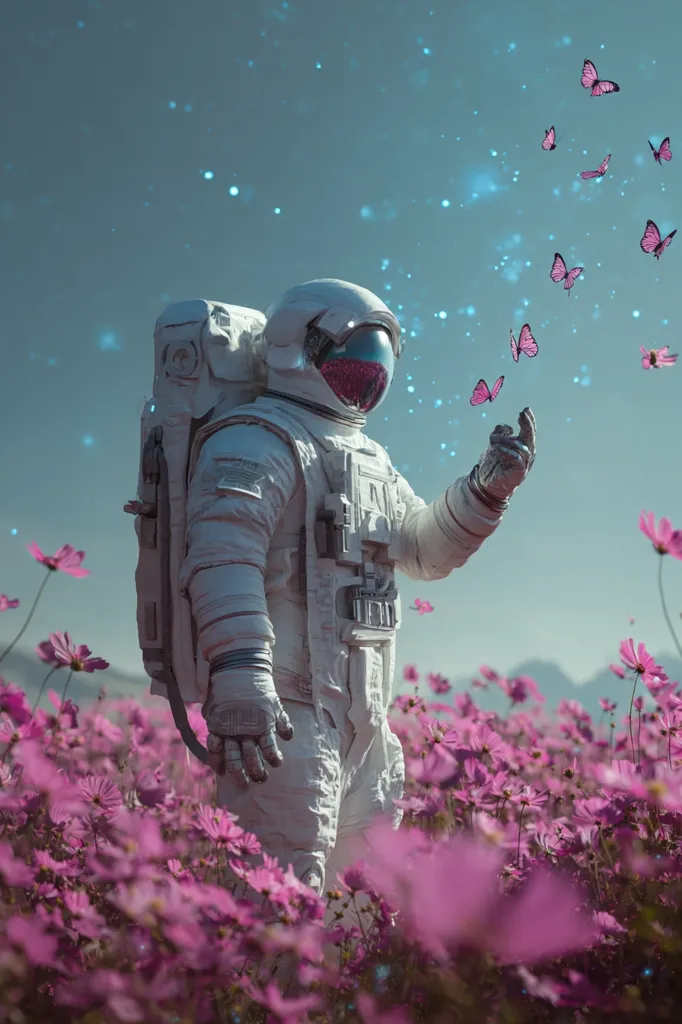 A lone astronaut stands amidst a field of vibrant pink cosmos flowers under a soft, pastel sky.  Pink butterflies flutter around the astronaut, creating a surreal and peaceful scene.  The image evokes a sense of wonder and tranquility, suggesting exploration and the beauty of unknown worlds. The astronaut's pose is gentle, almost reverent, towards the delicate flowers and butterflies.