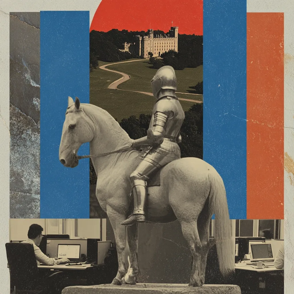 A digitally manipulated image juxtaposes a statue of a knight on horseback with a modern office scene.  The background features a stately castle, creating a contrast between historical grandeur and contemporary work life.  Bold blocks of color frame the collage, emphasizing the visual disconnect between past and present. The overall effect is surreal and thought-provoking.