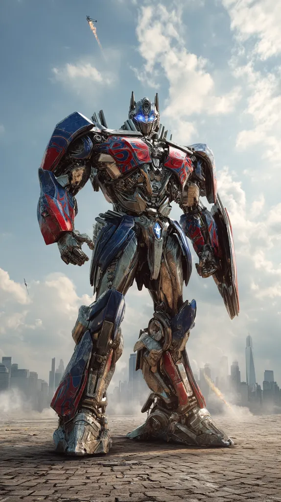 A colossal Optimus Prime, the iconic Autobot leader, stands majestically before a cityscape under a partly cloudy sky.  His metallic body, a blend of red, blue, and silver, shows signs of battle.  In the distance, small aircraft streak across the sky, adding to the dramatic scene.  The robot's imposing figure dominates the frame, highlighting his strength and power.