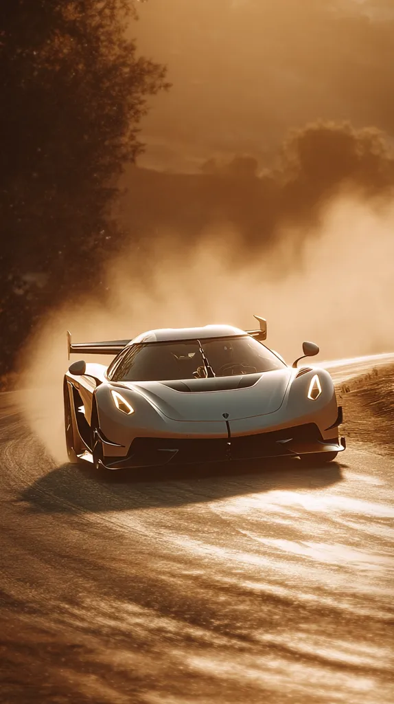 A light-grey hypercar speeds along a dusty road, kicking up a cloud of sand behind it. The setting sun casts a warm glow on the scene, highlighting the car's sleek lines and aerodynamic design.  The background is blurred, emphasizing the car's movement and the dramatic lighting. The overall image evokes a sense of speed, power, and adventure.