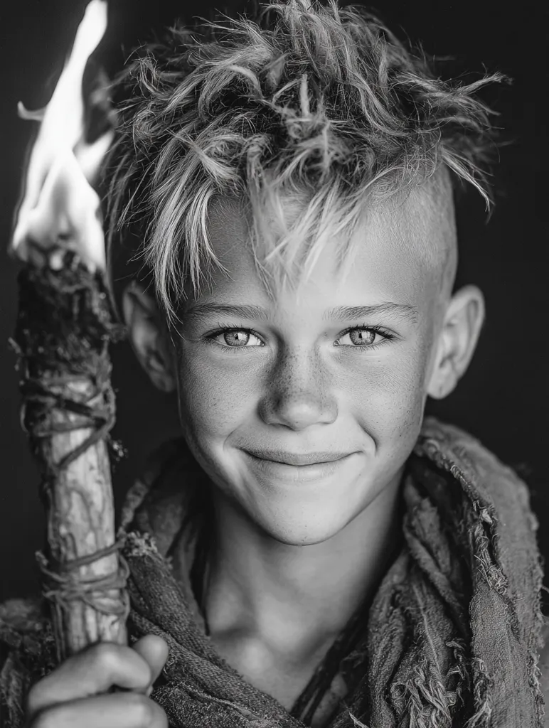 A black and white close-up portrait of a young boy with a mohawk hairstyle. He holds a burning torch, his freckled face displays a subtle smile.  He's dressed in rough, textured clothing, giving a rugged, adventurous appearance. The image evokes a sense of strength and resilience. The contrast between the boy's soft features and the harshness of his attire is striking.