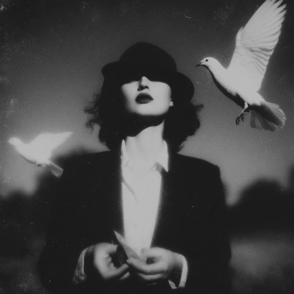 A monochromatic, stylized portrait captures a woman in a fedora, her expression obscured by shadow.  She's dressed in a sharp suit, her hands clasped near her chest. Two white doves, one larger and more prominent, are positioned near her, creating a surreal, dreamlike atmosphere. The grainy texture and dark tones enhance the image's mysterious and evocative quality.