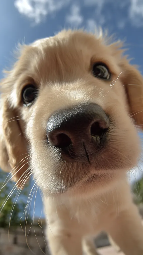 Close-up view of a Golden Retriever puppy's face.  Its large, dark eyes and wet, black nose are prominent against its light, fluffy fur.  The photo is taken from a low angle, creating a playful,  almost comical perspective. The background is a bright blue sky with some clouds, suggesting an outdoor setting on a sunny day. The puppy's whiskers are visible.
