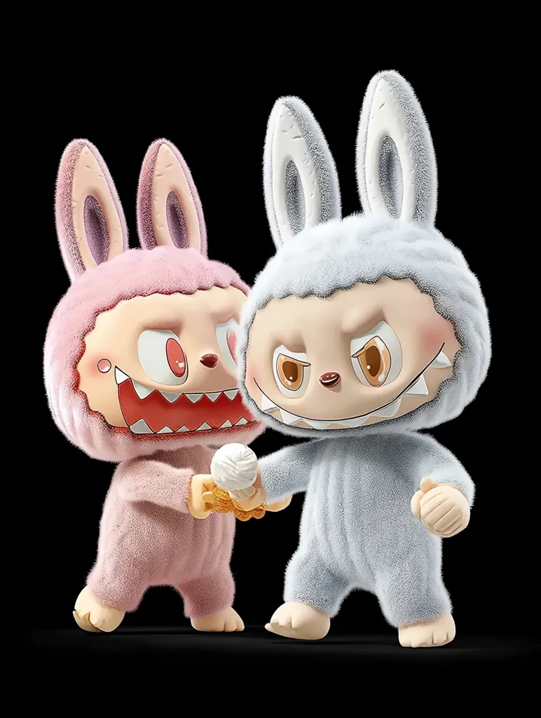 Two fluffy bunny-eared creatures, one pink and one light blue, engage in a playful struggle over a small, round object, possibly ice cream.  Their expressions are fierce, yet cartoonish, suggesting a lighthearted conflict.  The 3D-rendered figures are textured to appear soft and cuddly, contrasting with their aggressive postures.