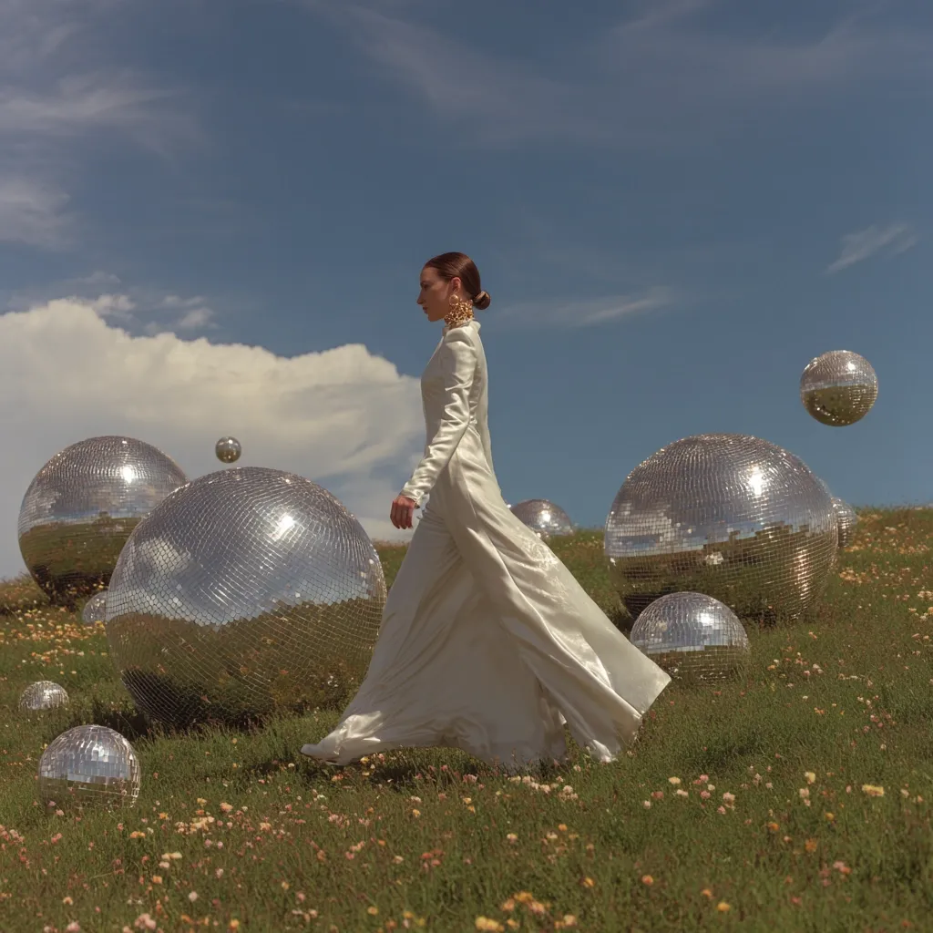 A woman in a flowing white dress walks across a grassy field dotted with large disco balls under a bright blue sky.  The scene is surreal and dreamlike, with the disco balls reflecting the light and the woman's dress billowing gently in the breeze.  The overall aesthetic is stylish and whimsical.