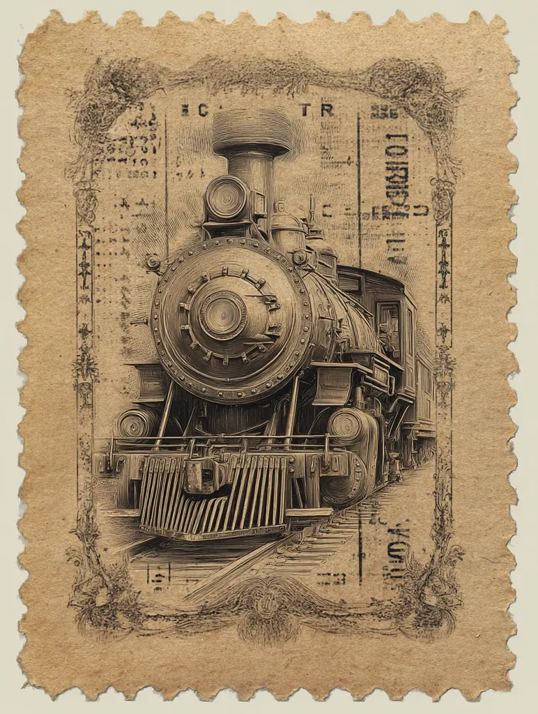 A sepia-toned image resembling a vintage postage stamp depicts a detailed drawing of a steam locomotive. The train dominates the center, rendered with intricate lines suggesting age and texture.  The stamp's edges are perforated, adding to the antique aesthetic.  Background elements include stylized floral motifs and seemingly random text, enhancing the aged and nostalgic feel. The overall style evokes a sense of history and travel.