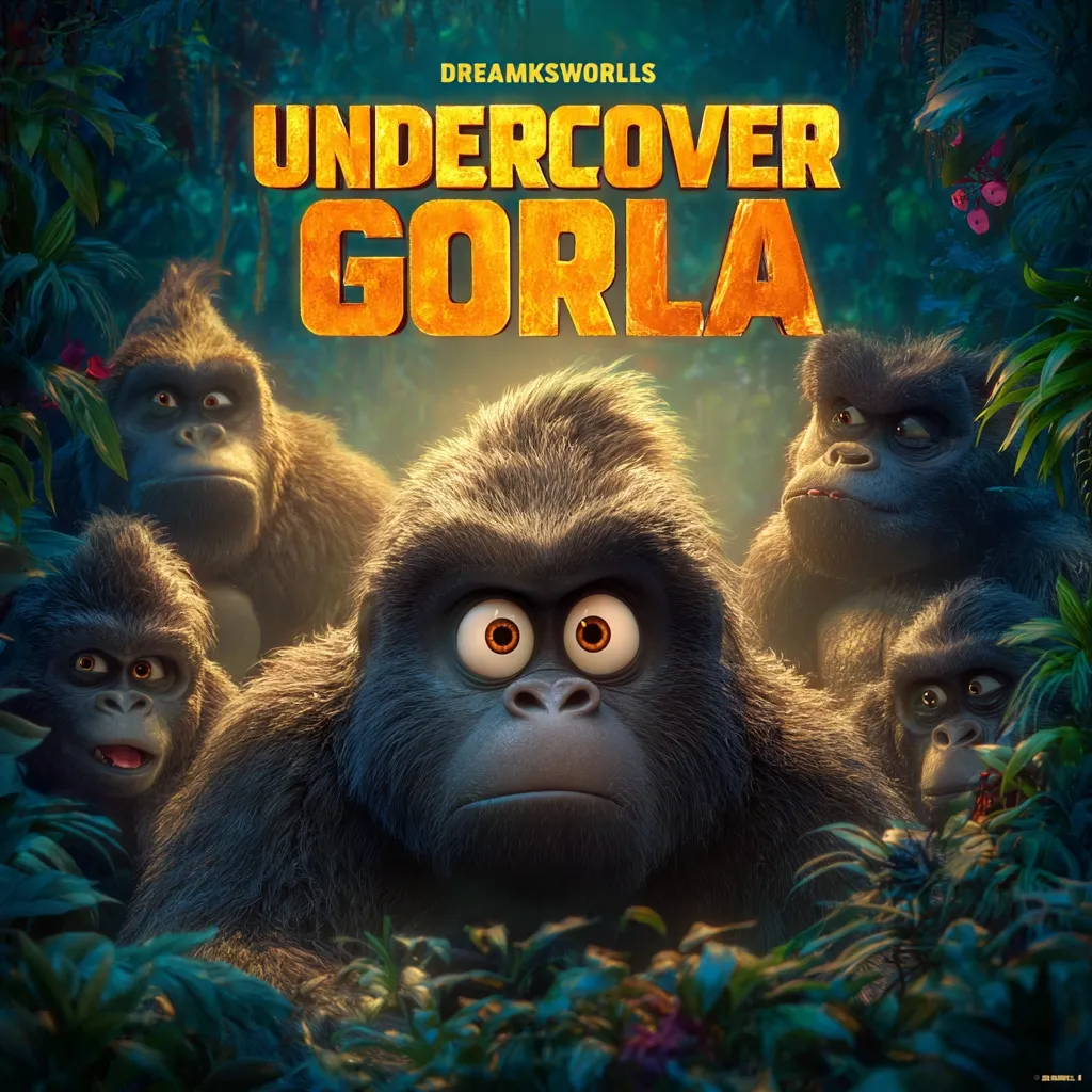 "Undercover Gorla," a Dreamksworlls film, features a family of gorillas in a lush jungle setting.  The central gorilla has wide, expressive eyes, suggesting a curious or worried expression.  Surrounding him are other gorillas, some appearing apprehensive. The film's title suggests a secret mission or undercover operation involving the gorillas. The image's overall tone is mysterious and adventurous.
