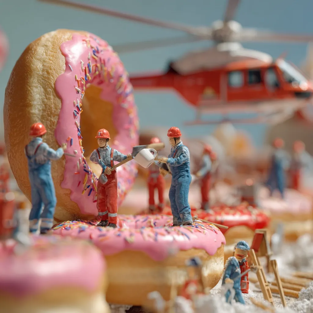Miniature construction workers, wearing hard hats, are meticulously working on a giant pink donut.  They are using small tools, while a red helicopter hovers in the blurred background.  The scene is whimsical and playful, depicting a surreal construction site made of sugary treats.  Smaller figures are also visible, adding to the charming scale of the image.