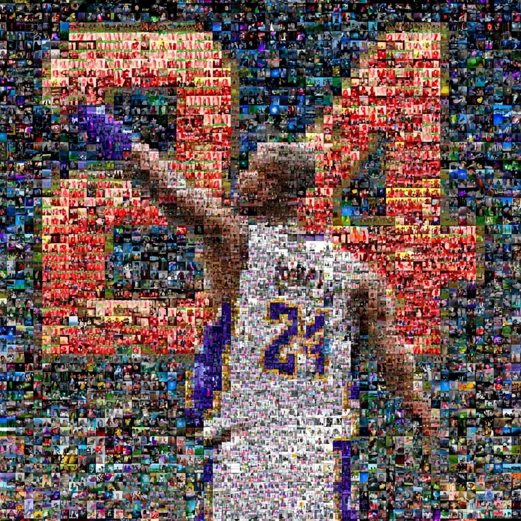 A mosaic portrait of Kobe Bryant, the late basketball legend, is depicted.  The image is constructed from a multitude of smaller images, creating a larger picture.  Bryant is shown in his iconic Los Angeles Lakers jersey, number 24 clearly visible.  The background is predominantly red, with a variety of other colors forming the details of his likeness and uniform. The overall effect is a vibrant and detailed tribute.