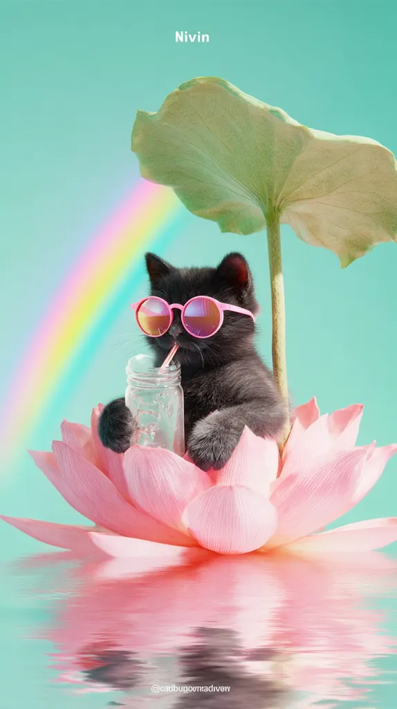 A black kitten, wearing pink sunglasses, sits on a pink lotus flower, enjoying a drink with a straw.  A large lotus leaf provides shade overhead, and a rainbow arches in the background. The scene is serene and whimsical, reflecting in the calm water below. The image is titled "Niivin".