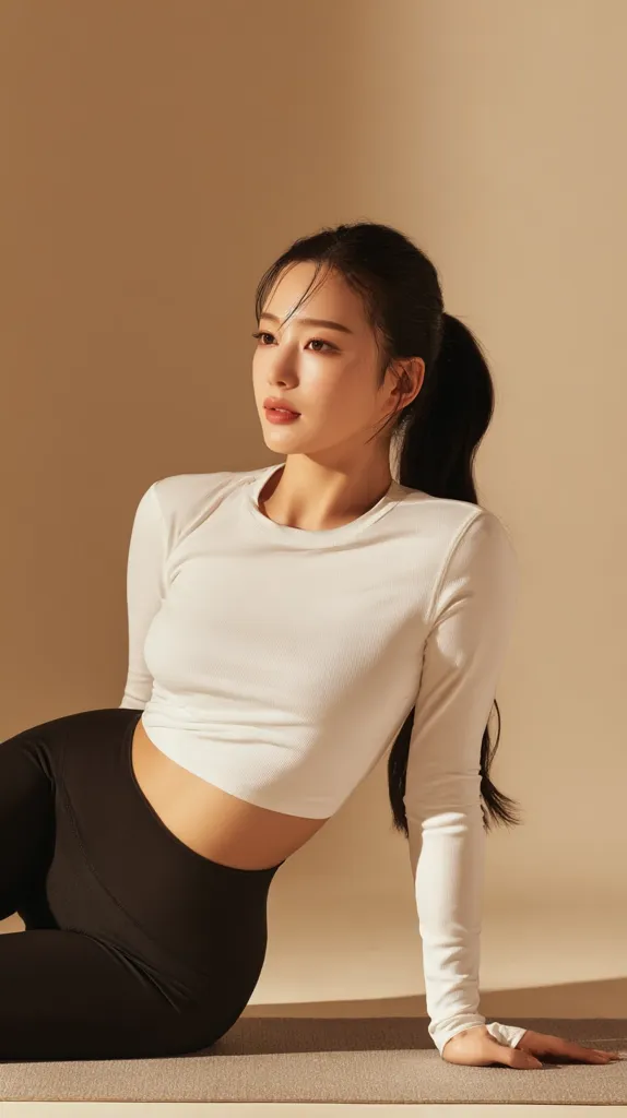 A young woman with dark hair tied back in a ponytail poses in athletic wear. She's wearing a cream-colored long-sleeved top and black leggings.  The setting is a neutral beige background, and the overall mood is one of relaxed fitness and wellness.  She is leaning forward, her body angled slightly, creating a graceful and stylish pose.