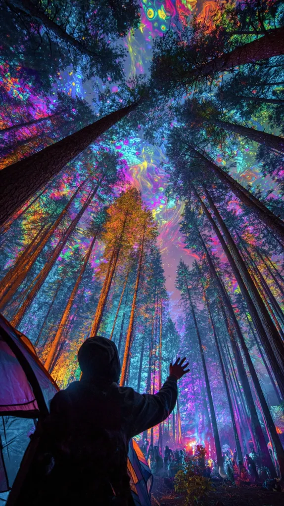 A person stands silhouetted in a vibrant, psychedelic forest.  Tall trees surround them, their trunks illuminated in swirling colors of purple, pink, orange, and blue.  The sky above is a kaleidoscope of similar hues.  A crowd of people is visible in the distance, suggesting a festival or gathering within this surreal, otherworldly setting.  The overall atmosphere is magical and dreamlike.