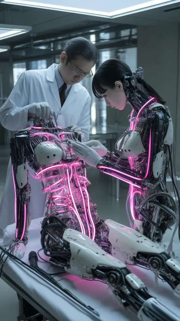 Two scientists in a sterile laboratory meticulously work on a female android.  The robot, with its transparent body revealing intricate internal mechanics, is illuminated by pink neon tubing.  One scientist leans over the android while the other assists, both appearing focused on their task. The scene evokes a futuristic setting, hinting at advanced robotics and potentially artificial life.