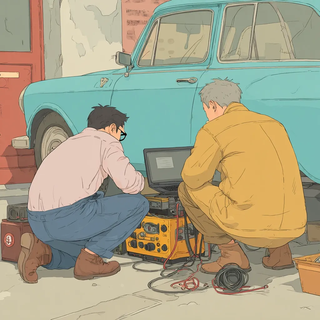 Two men kneel beside a vintage light blue car, examining electronic equipment.  One man wears a light pink shirt and jeans; the other wears a mustard-yellow jumpsuit.  They work with a laptop and a yellow box connected by wires, possibly diagnosing a car problem.  The setting appears to be an outdoor urban area.