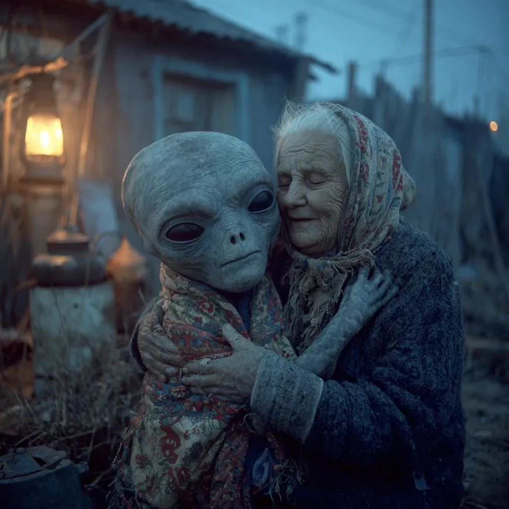 An elderly woman, wrapped in a shawl, embraces a gray alien in a tender hug. The scene is set against the backdrop of a dimly lit, rustic village at twilight.  The woman's wrinkled face shows warmth and acceptance, contrasting with the alien's smooth, somewhat unsettling features. A lantern glows faintly nearby, adding to the atmospheric and surreal quality of the image.