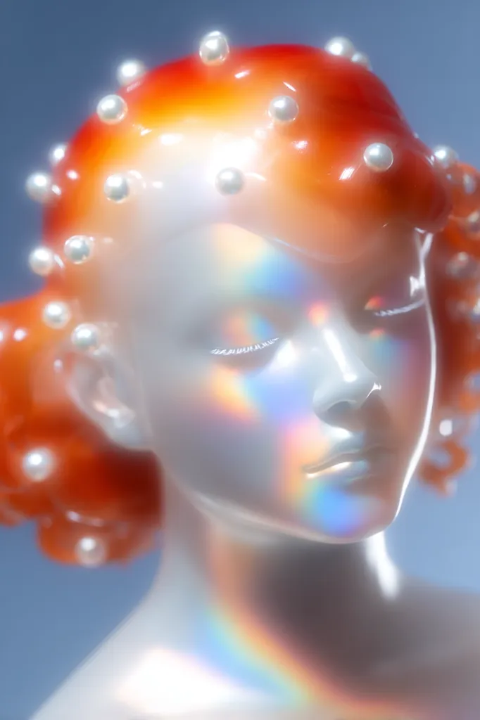 A surreal digital rendering of a woman's face, seemingly sculpted from iridescent white material.  Her hair is a vibrant, glossy orange, adorned with small, pearl-like accents.  The image is soft-focused, with a dreamlike quality enhanced by rainbow refractions across her face.  The overall effect is ethereal and otherworldly.