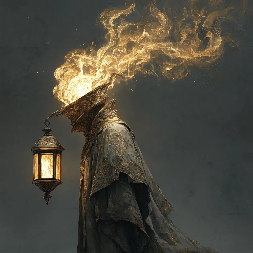 A figure cloaked in ornate, dark grey and gold robes stands against a muted grey background.  Flames emanate from a golden headpiece, resembling a burning lantern, and trails of golden smoke rise upwards.  The figure carries a smaller, ornate lantern emitting a warm light, adding to the ethereal and mysterious atmosphere.  The overall style is dark fantasy or gothic.