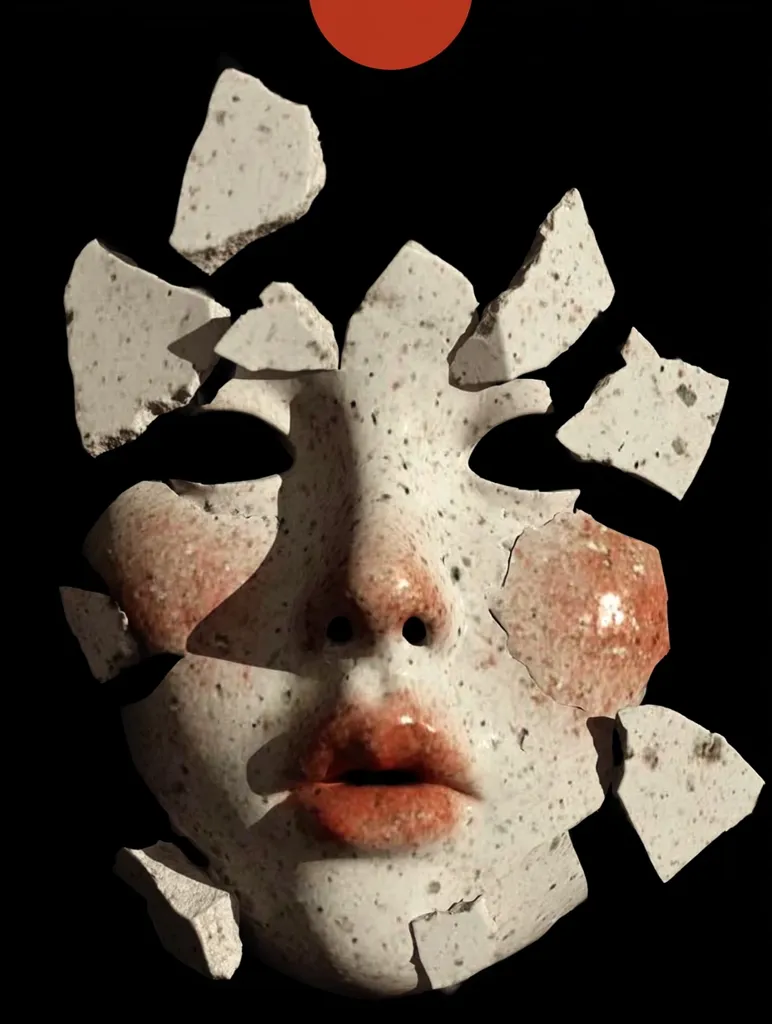 A fragmented ceramic mask, seemingly a woman's face, is depicted against a black background.  The mask is broken into numerous pieces, yet the facial features—eyes, nose, and mouth—remain discernible. The texture is coarse, speckled with reddish hues on the cheeks and lips, contrasting with the off-white base. A small, red circle is subtly positioned above the mask. The overall effect is one of vulnerability and disintegration.