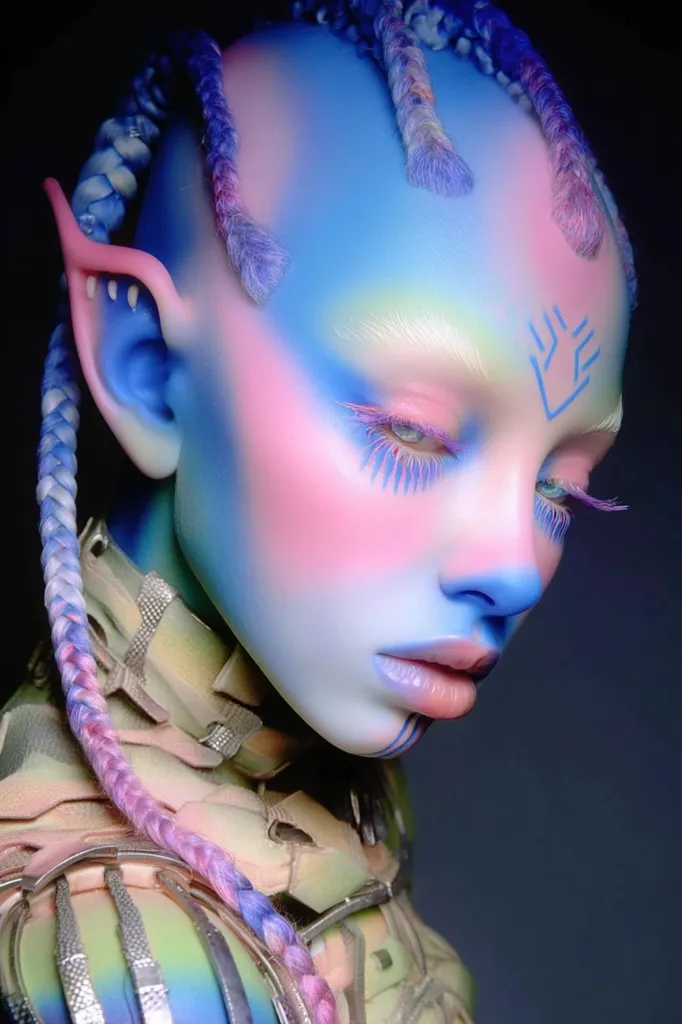 A close-up portrait showcases a model with elaborate fantasy makeup and styling.  Her skin is painted in shades of pastel blue, pink, and white, creating an ethereal effect.  Long, vibrant purple and pink braids frame her face, which features pointed ears and intricate facial markings.  She wears a futuristic-looking, textured garment with metallic accents. The overall aesthetic is otherworldly and artistic.