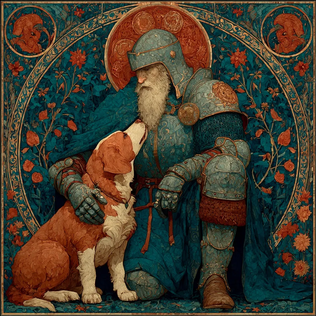 An ornate, stylized artwork depicts a seated, elderly knight in teal armor, his long white beard flowing.  He gently holds a reddish-brown and white dog, who looks up at him.  The background is a rich teal tapestry with floral motifs and circular designs, giving the piece a medieval or fantasy aesthetic.  The overall style suggests a blend of stained glass and mosaic techniques.