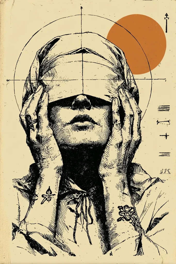 A striking black and white illustration depicts a woman shrouded in a cloth, her hands covering her eyes.  The style is reminiscent of etching or woodcut, with detailed shading and crosshatching.  Geometric shapes and symbols, including a large orange circle, surround the figure, suggesting a symbolic or allegorical meaning. The overall effect is one of mystery and contemplation, possibly referencing themes of blindness or concealment.