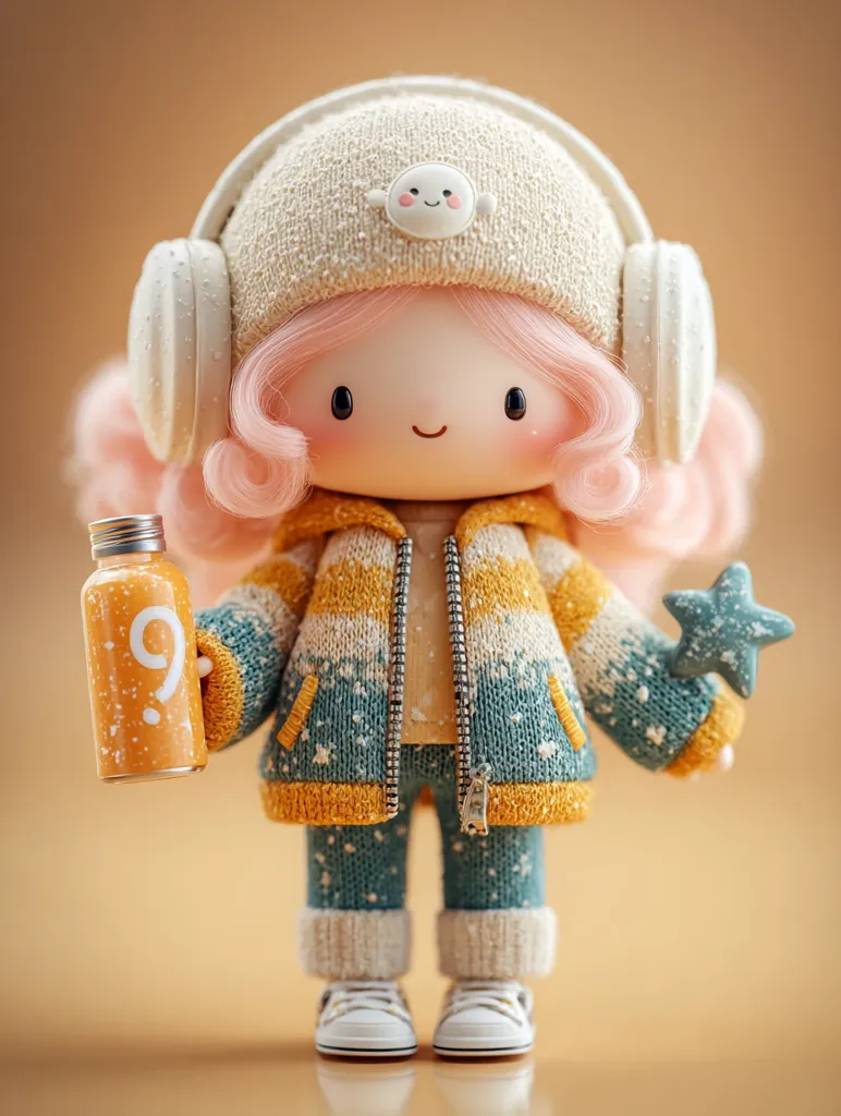 A cute, 3D-rendered doll with pink hair wears a cream-colored beanie and oversized white headphones.  She's dressed in a teal and mustard yellow knitted sweater and pants, and holds a juice bottle and a small star. Her expression is cheerful and innocent, creating a whimsical and adorable image.  The doll's clothing has a textured appearance, suggesting a cozy and wintery theme.
