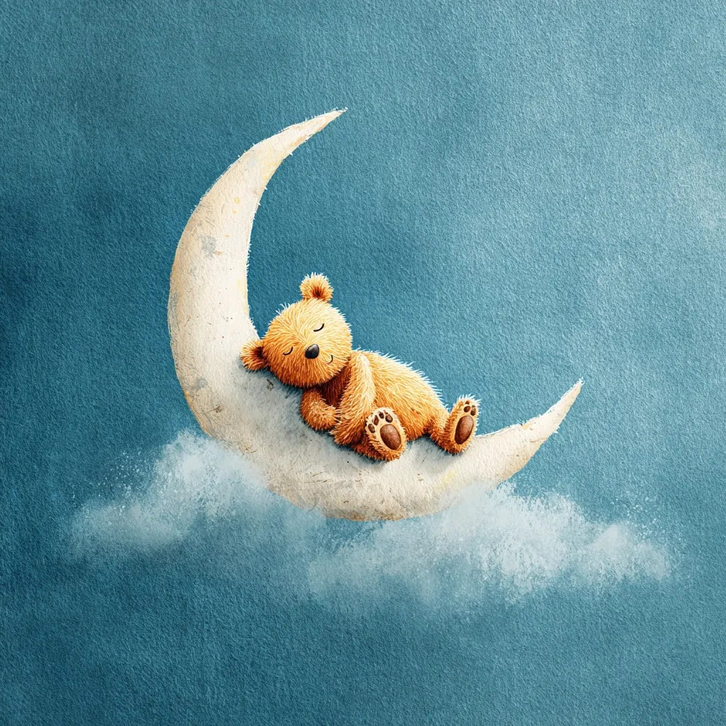 A charming illustration depicts a cuddly brown teddy bear peacefully asleep on a crescent moon.  The moon, softly textured, rests on a bed of fluffy white clouds against a serene blue night sky. The scene evokes a sense of calm and gentle dreams, perfect for children's stories or bedtime imagery.  The artistic style is soft and whimsical.