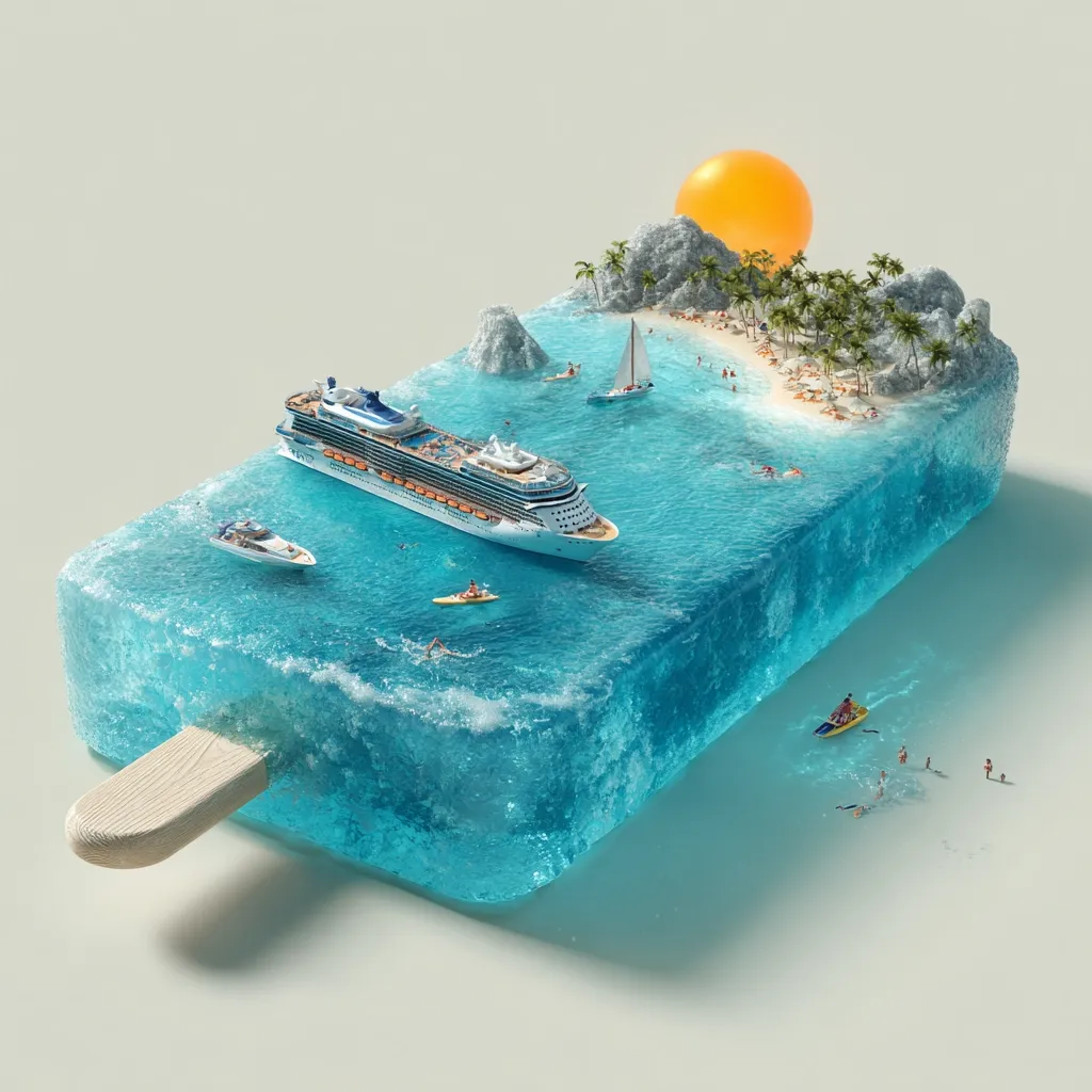 A vibrant summer scene is captured within a giant popsicle.  A cruise ship sails near a tropical island beach teeming with tiny vacationers.  Sailboats dot the turquoise water, while others swim, kayak, and jet ski.  A stylized sun shines above the idyllic miniature paradise, all frozen in a refreshing, icy treat.