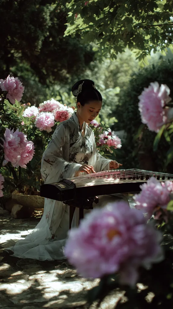A woman in a flowing white and black patterned robe sits in a garden, playing a guzheng.  Lush pink peonies surround her, their blossoms partially obscuring the view.  Sunlight filters through the leaves of overhanging trees, casting dappled shadows on the stone path. The scene evokes a serene and elegant atmosphere.
