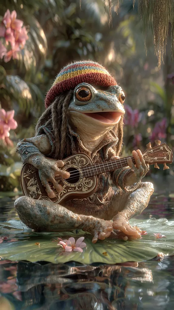 A whimsical frog, adorned in a colorful knit cap and dreadlocks, serenades the tranquil swamp.  Seated on a lily pad, it gently strums a meticulously decorated ukulele.  Surrounding it are delicate pink flowers, reflecting in the still water. The scene evokes a sense of peace and magical realism.